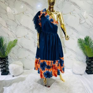 Ocean1200 Bloom One-Shoulder African Print  Midi Dress