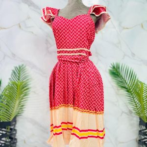 Red and cream dress with ruffles