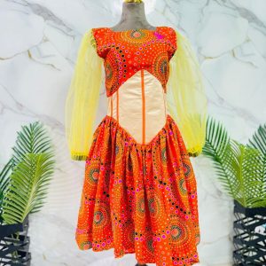 Orange Print Dress with Sheer Yellow Sleeves
