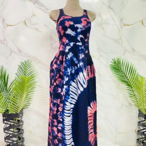 Navy, Pink & White Tie-Dye Maxi Dress